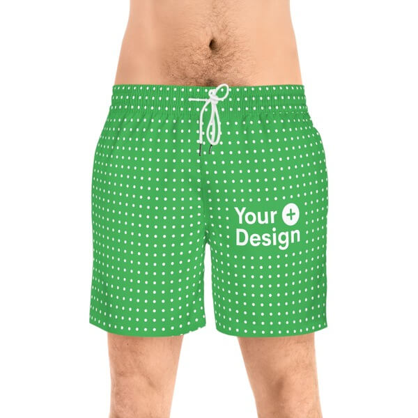 Blank mockup of men's mid-length swim shorts and the “Your Design Here” placeholder.